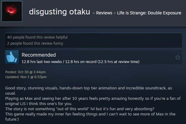 Screenshot showing a Steam review for Life is Strange: Double Exposure.